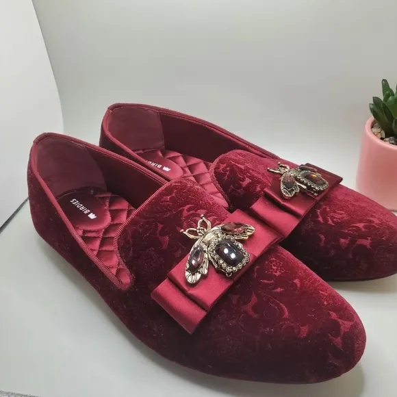 Birdies Starling Flat In Wine Embossed Velvet Bee Loafers Womens Size 10.5