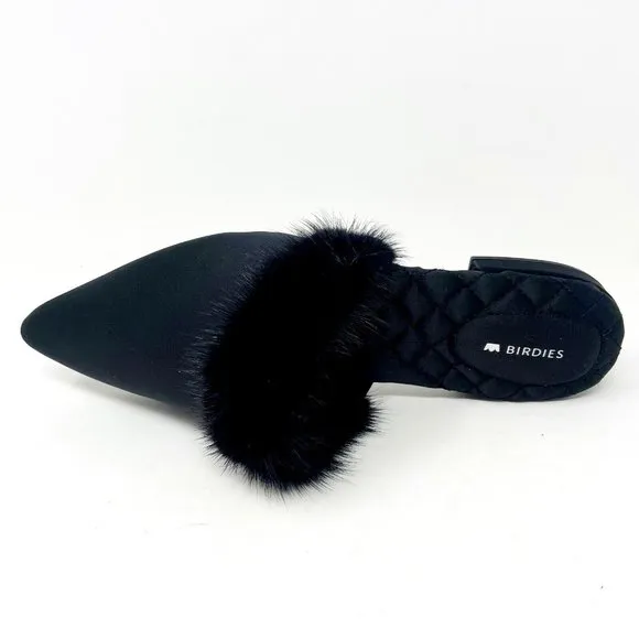 Birdies The Dove Onyx Black Womens Slip On Mink Fur Pointed Toe Mules