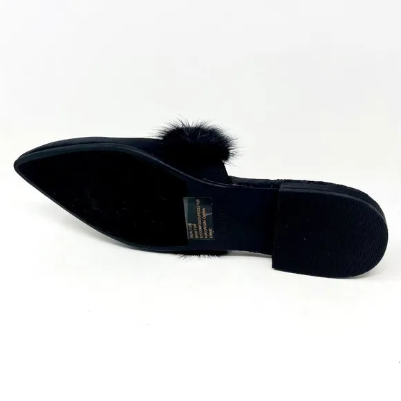 Birdies The Dove Onyx Black Womens Slip On Mink Fur Pointed Toe Mules