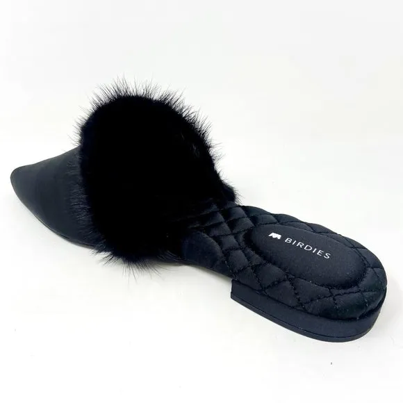 Birdies The Dove Onyx Black Womens Slip On Mink Fur Pointed Toe Mules