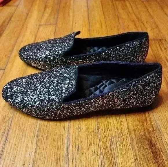Birdies The Starling Glitter Flats Slip On Loafers Black Women's Size 7