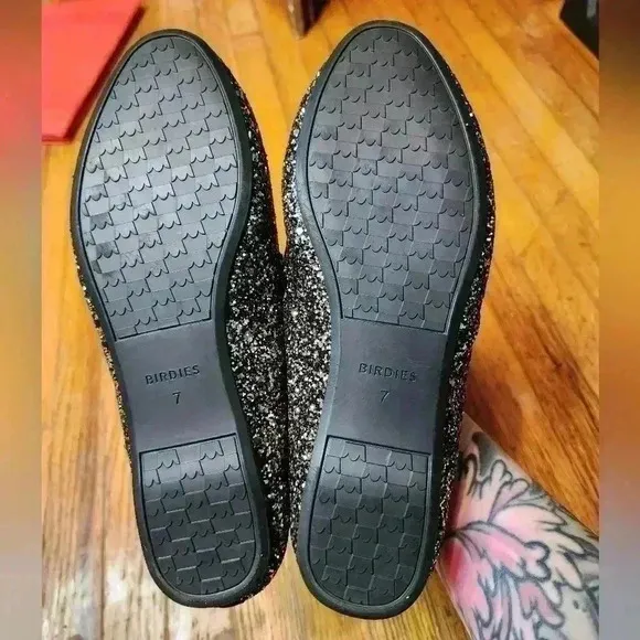 Birdies The Starling Glitter Flats Slip On Loafers Black Women's Size 7