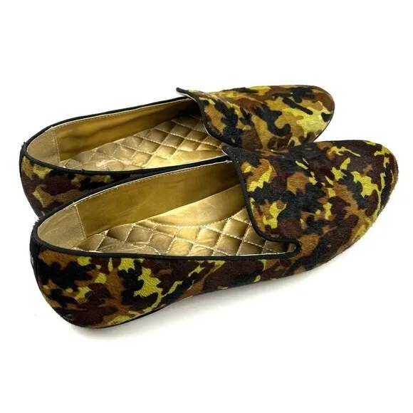 Birdies The Starling Green Brown Camo Calf Hair slip-on loafers flats size 9