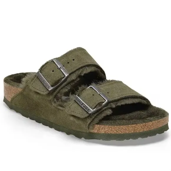 Birkenstock Arizona Sherling Suede Leather in Thyme Dark Green Size 40 Narrow