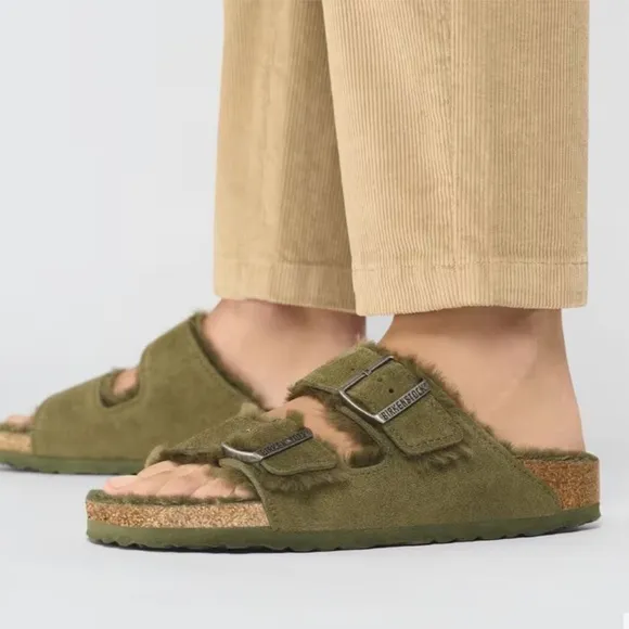 Birkenstock Arizona Sherling Suede Leather in Thyme Dark Green Size 40 Narrow