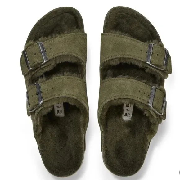 Birkenstock Arizona Sherling Suede Leather in Thyme Dark Green Size 40 Narrow