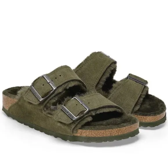 Birkenstock Arizona Sherling Suede Leather in Thyme Dark Green Size 40 Narrow