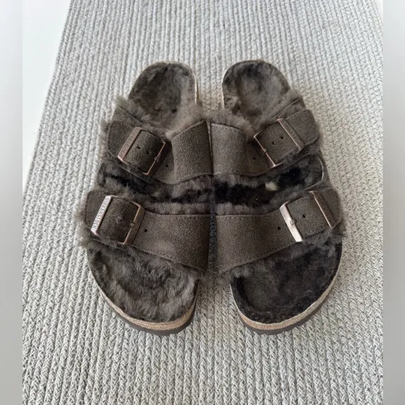Birkenstock Arizona Sherling Suede Leather in Thyme Dark Green Size 40 Narrow