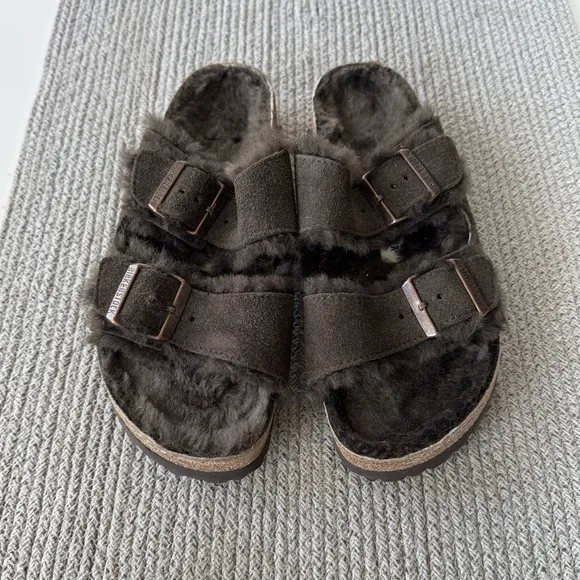Birkenstock Arizona Sherling Suede Leather in Thyme Dark Green Size 40 Narrow