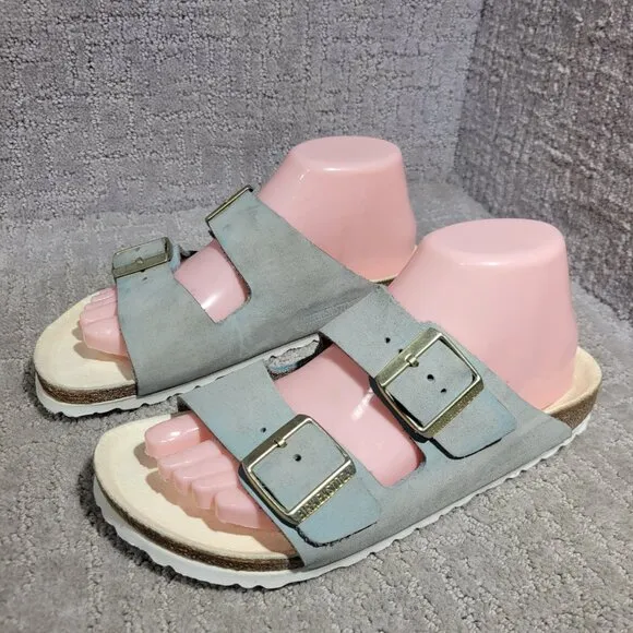 Birkenstock Arizona Size 38 L7 M5 Narrow Baby Blue Leather Double Strap Sandals