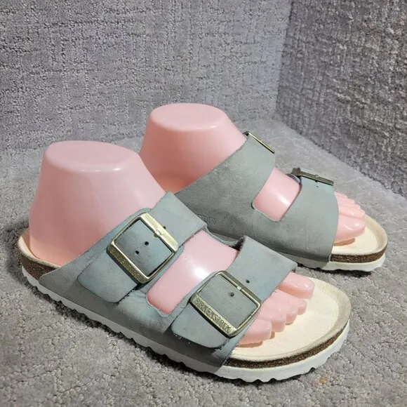 Birkenstock Arizona Size 38 L7 M5 Narrow Baby Blue Leather Double Strap Sandals