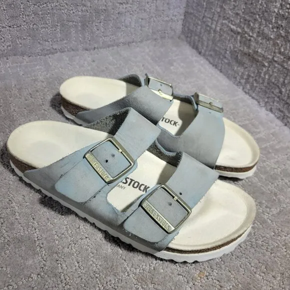 Birkenstock Arizona Size 38 L7 M5 Narrow Baby Blue Leather Double Strap Sandals