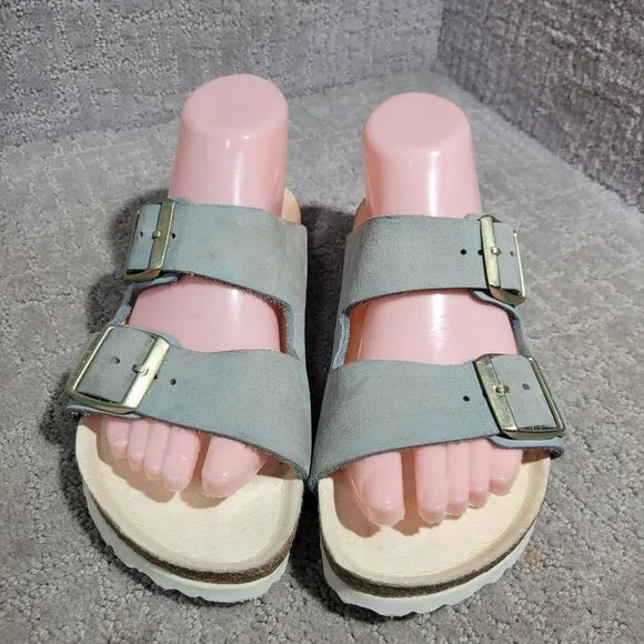 Birkenstock Arizona Size 38 L7 M5 Narrow Baby Blue Leather Double Strap Sandals
