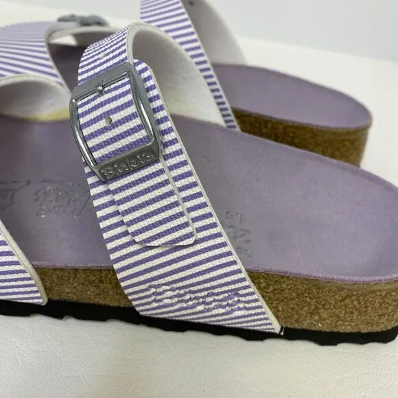 Birkenstock Birki’s  Aziza Purple &amp; White Stripe 2 Strap Sandals US 5.5 EU 36