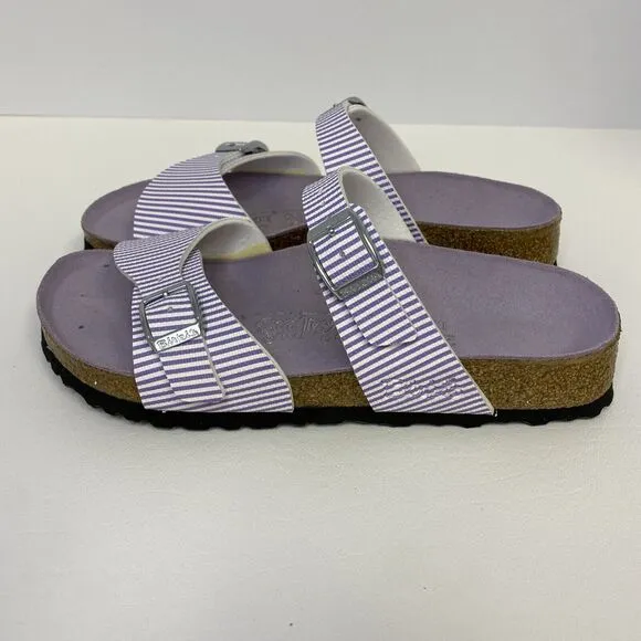 Birkenstock Birki’s  Aziza Purple &amp; White Stripe 2 Strap Sandals US 5.5 EU 36