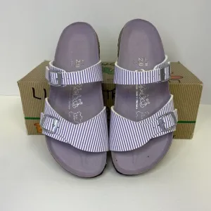 Birkenstock Birki’s  Aziza Purple &amp; White Stripe 2 Strap Sandals US 5.5 EU 36