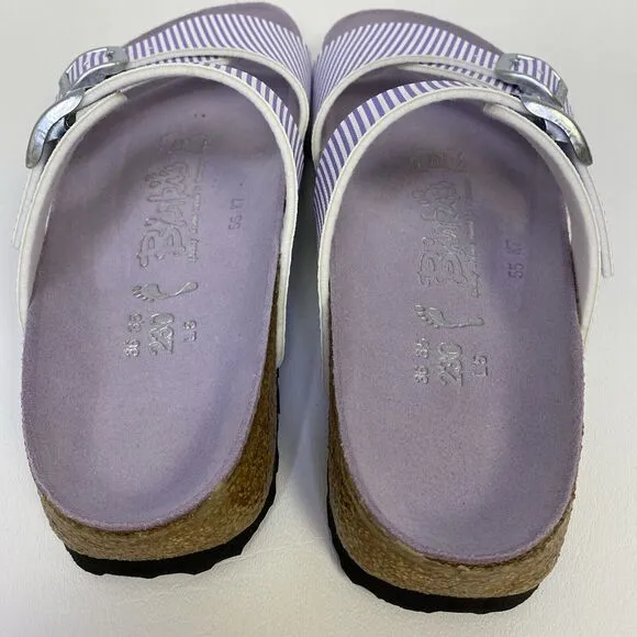 Birkenstock Birki’s  Aziza Purple &amp; White Stripe 2 Strap Sandals US 5.5 EU 36