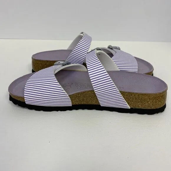 Birkenstock Birki’s  Aziza Purple &amp; White Stripe 2 Strap Sandals US 5.5 EU 36