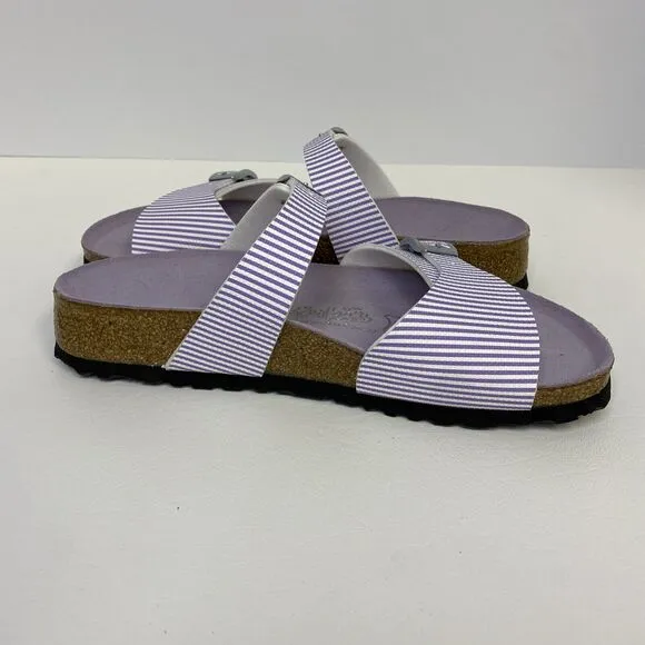 Birkenstock Birki’s  Aziza Purple &amp; White Stripe 2 Strap Sandals US 5.5 EU 36