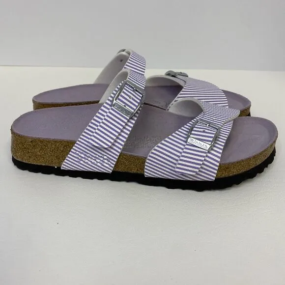 Birkenstock Birki’s  Aziza Purple &amp; White Stripe 2 Strap Sandals US 5.5 EU 36