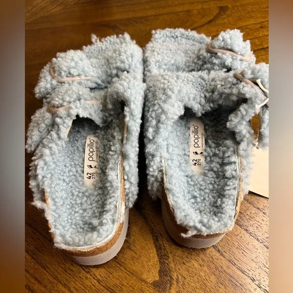 Birkenstock Papillio Arizona Sandals Blue Faded Aqua Shearling Size 42 US 11 NWT