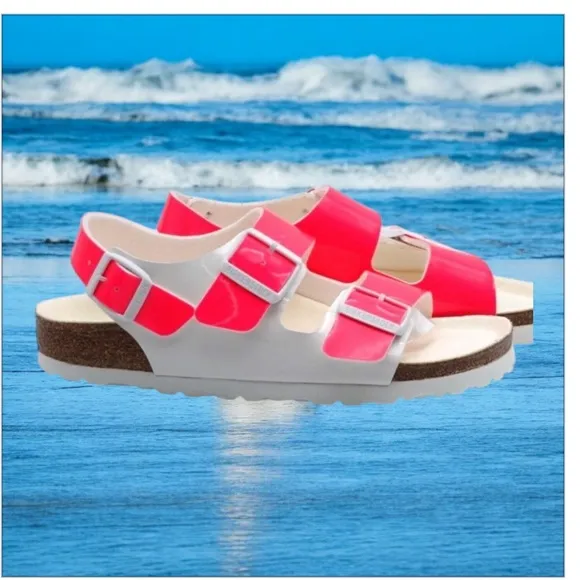 Birkenstock Pink and White Sandals with Adjustable Straps 38