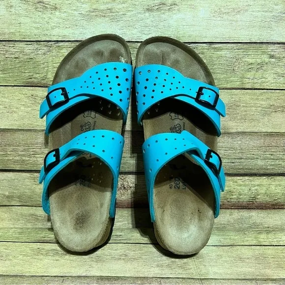 Birki’s Blue Leather Freeport Double Strap Sandals