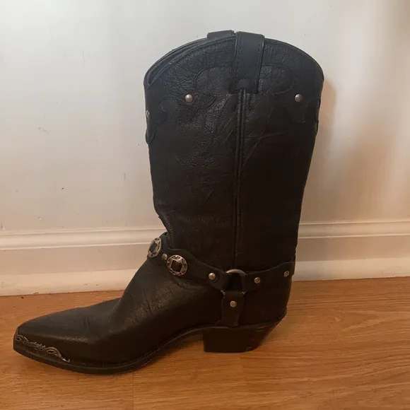 Black leather pull on boots with metal rivets 9.5M
