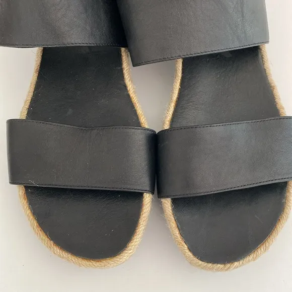 Black Leather Sandals with Espadrille Sole sz 10 Boho Modern Leganlook Scrunched