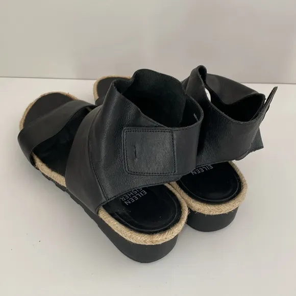 Black Leather Sandals with Espadrille Sole sz 10 Boho Modern Leganlook Scrunched