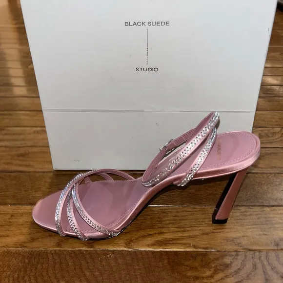 Black Suede Studio Serafina Ankle Strap Sandals Dusty Rose Satin Women’s 8.5