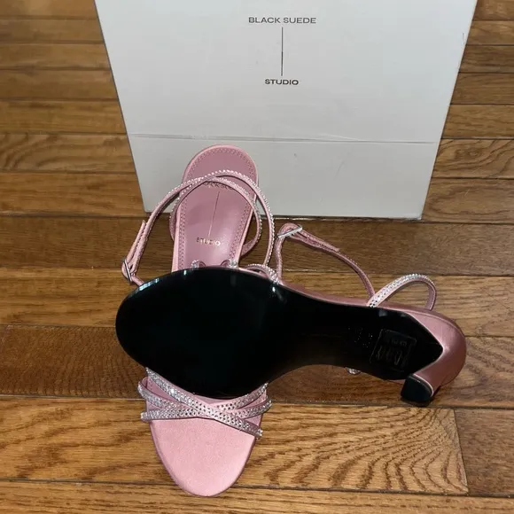 Black Suede Studio Serafina Ankle Strap Sandals Dusty Rose Satin Women’s 8.5