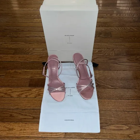 Black Suede Studio Serafina Ankle Strap Sandals Dusty Rose Satin Women’s 8.5