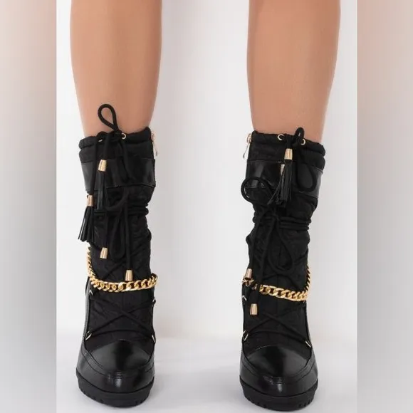 Black Vegan Leather &amp; Quilted Nylon Lace Up Stiletto Heel Boots
