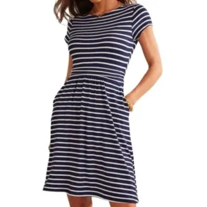 Boden Amelie Print Jersey Dress Navy &amp; White Striped Dress Size 4R NWT