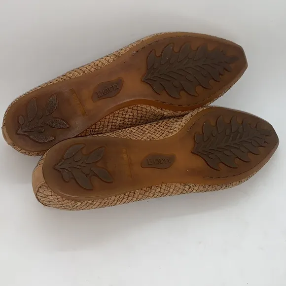 BORN Carri Cork Leather Ballet Flats Taupe/Tan 8 Slip-On Bow Accent Casual
