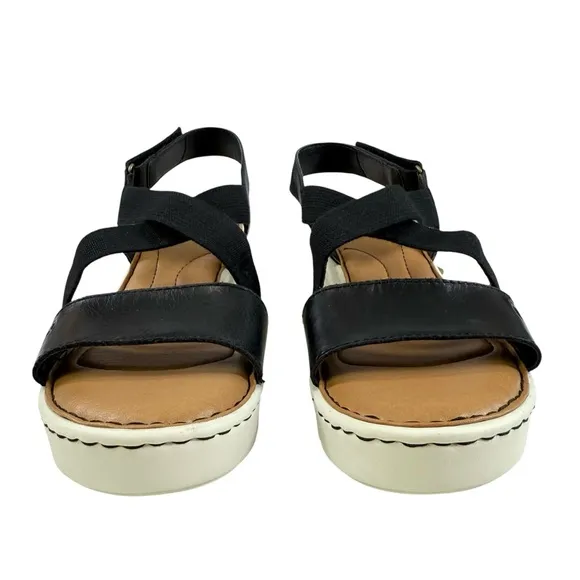 Born Paley Black Leather Strappy Slide Platform Wedge Sandals Size 9M