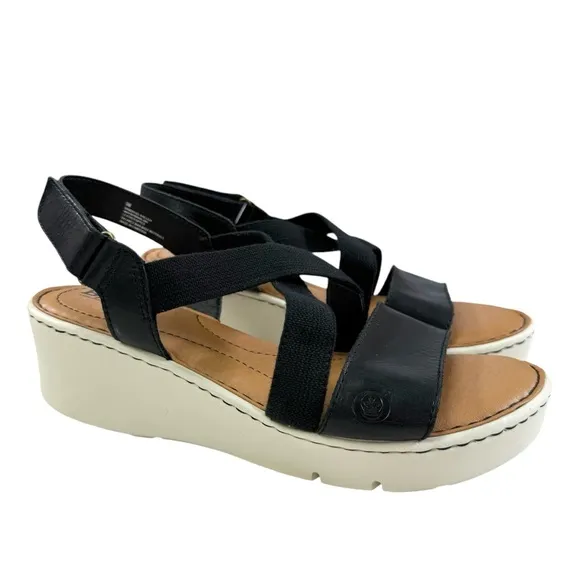 Born Paley Black Leather Strappy Slide Platform Wedge Sandals Size 9M