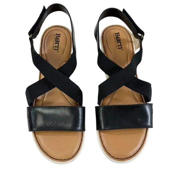 Born Paley Black Leather Strappy Slide Platform Wedge Sandals Size 9M