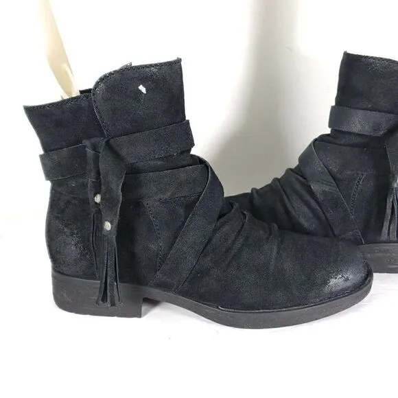 Born Women's Eton US 8M Distress Black Suede Fringe Taseel Ankle Boots Booties