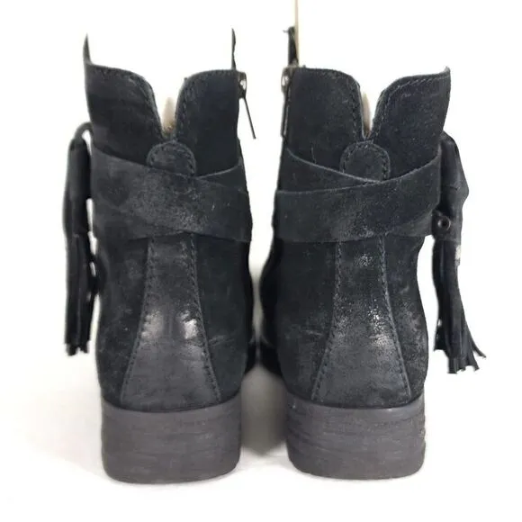 Born Women's Eton US 8M Distress Black Suede Fringe Taseel Ankle Boots Booties