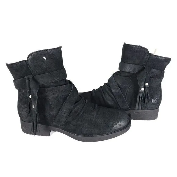 Born Women's Eton US 8M Distress Black Suede Fringe Taseel Ankle Boots Booties