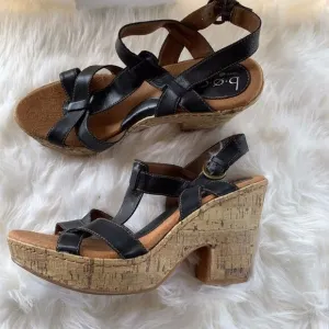 Born Cork Black Leather T-Strap Sandals Si…