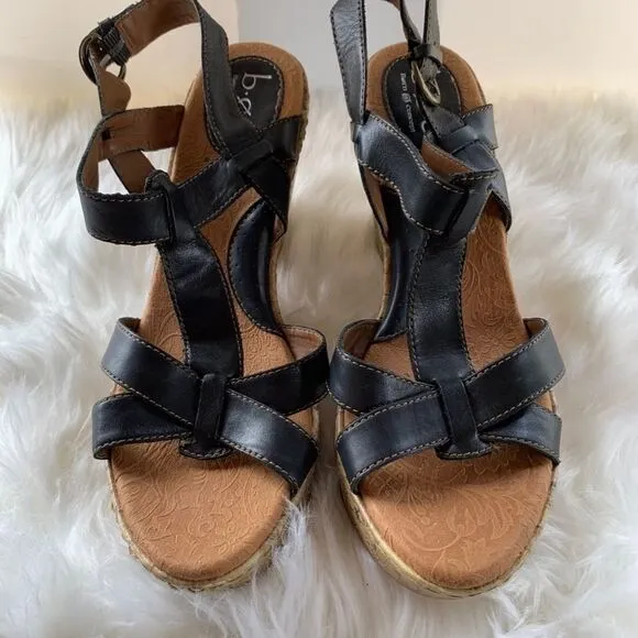 Born Cork Black Leather T-Strap Sandals Si…