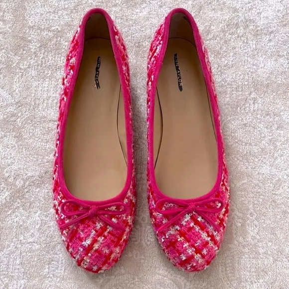 Brand New Ann Taylor Pink Tweed Ballet Flats Bow 1/2&quot; Heel Padded Footbed