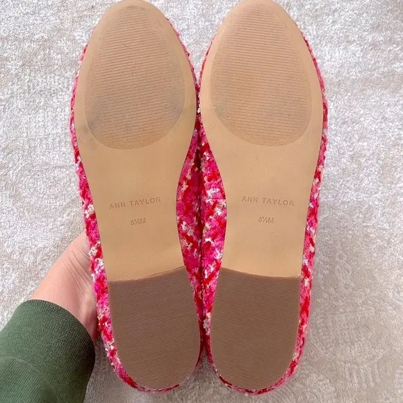 Brand New Ann Taylor Pink Tweed Ballet Flats Bow 1/2&quot; Heel Padded Footbed