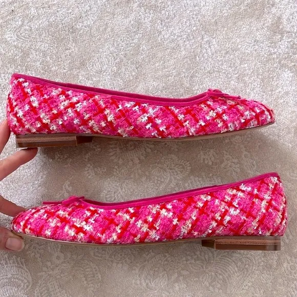 Brand New Ann Taylor Pink Tweed Ballet Flats Bow 1/2&quot; Heel Padded Footbed