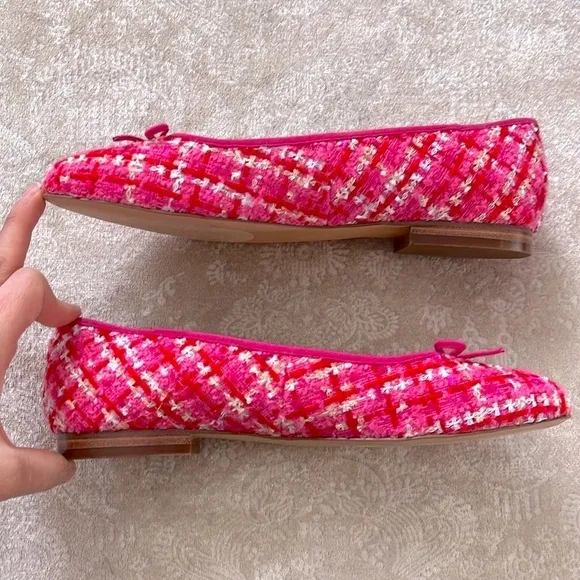 Brand New Ann Taylor Pink Tweed Ballet Flats Bow 1/2&quot; Heel Padded Footbed
