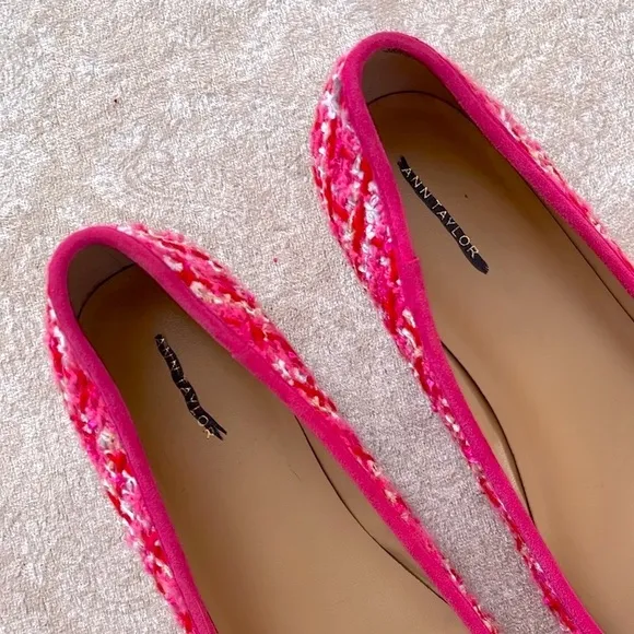 Brand New Ann Taylor Pink Tweed Ballet Flats Bow 1/2&quot; Heel Padded Footbed