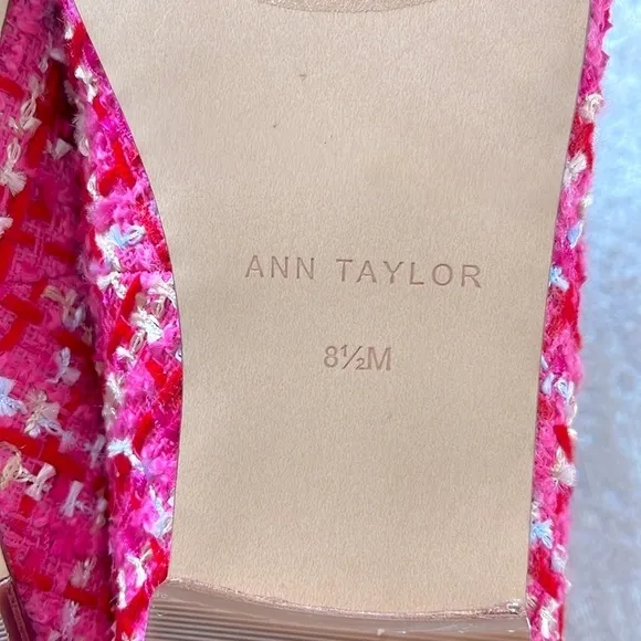 Brand New Ann Taylor Pink Tweed Ballet Flats Bow 1/2&quot; Heel Padded Footbed